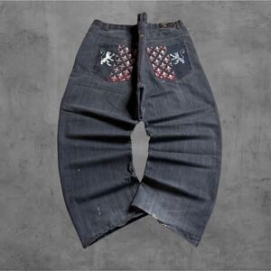 Mens Dark Wash Wide Leg Jeans Embellished Pockets Lion Fleur de Lis